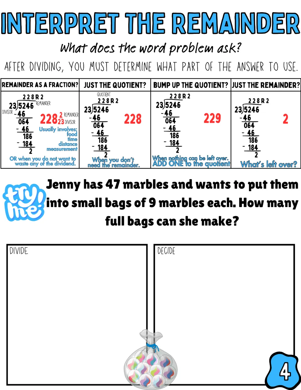 Grouping problem: students divide 47 marbles into bags of 9 to find how many full bags Jenny can make