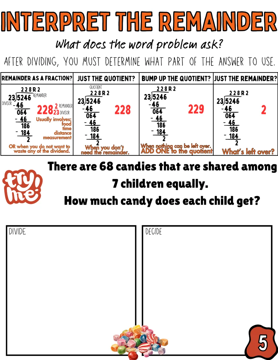 Equal sharing problem: students divide 68 candies among 7 children equally to find how much candy each child gets