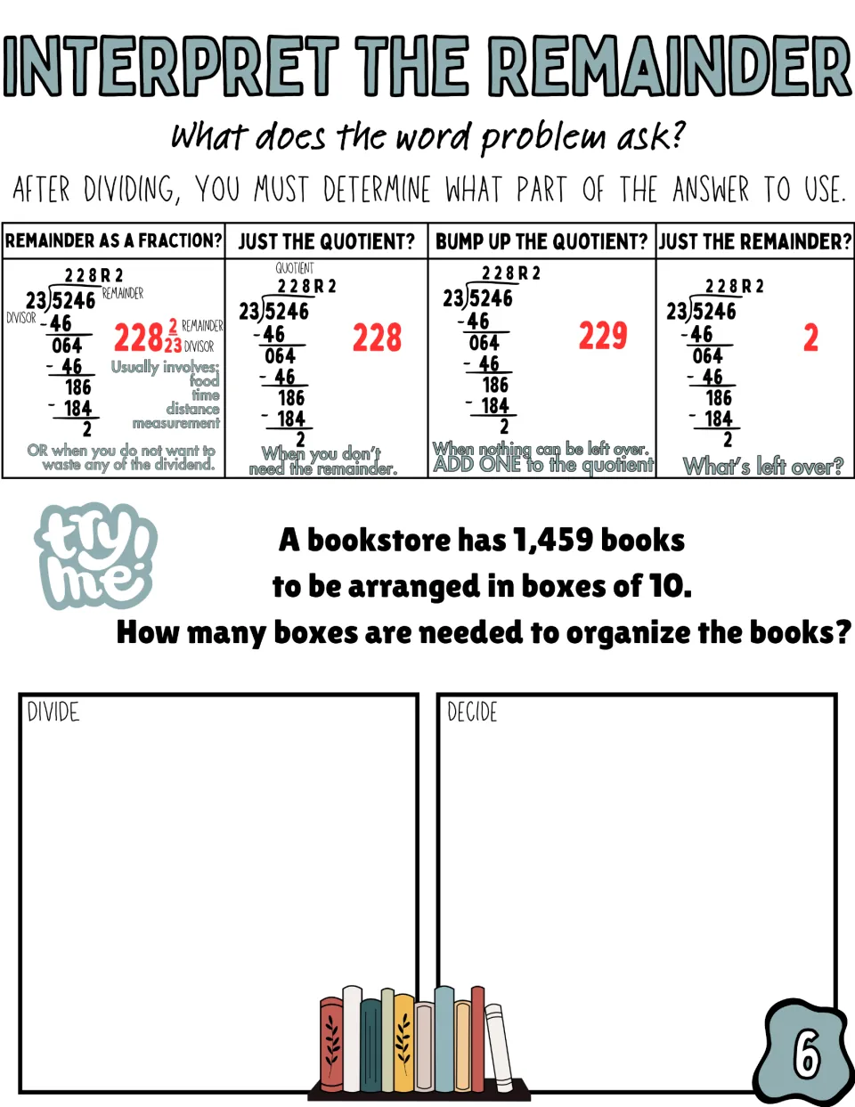Boxing problem: students divide 1,459 books into boxes of 10 to find how many boxes the bookstore needs