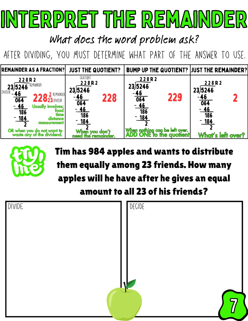Multi-digit division: students divide 984 apples among 23 friends to find how many apples Tim has left over