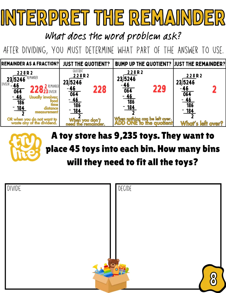 Long division with a two-digit divisor: students split 9,235 toys into bins of 45 and find how many bins hold them all