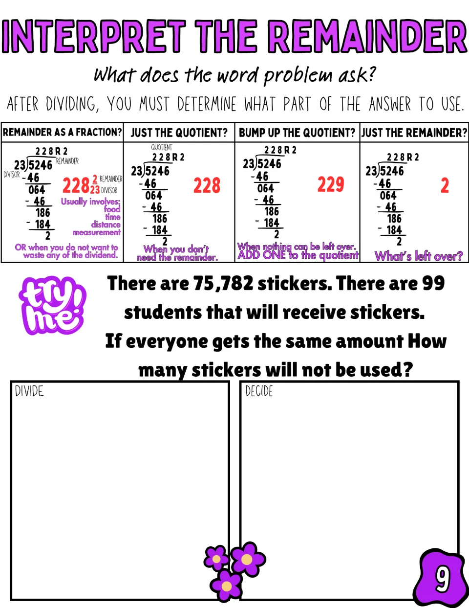 Sticker problem: students divide 75,782 stickers among 99 students to find how many stickers will not be used