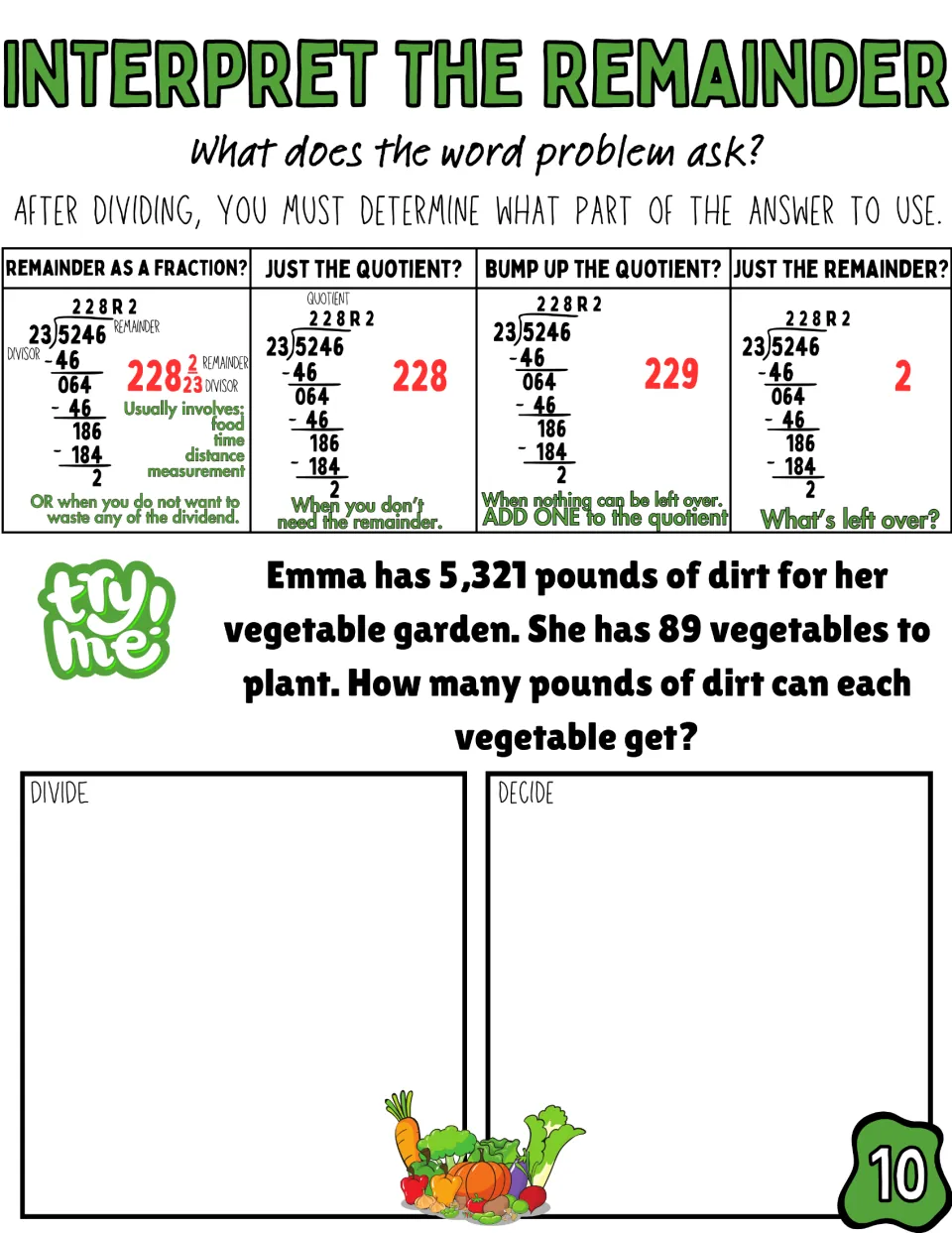 Measurement division: students share 5,321 pounds of dirt among 89 vegetables to find pounds of dirt per vegetable