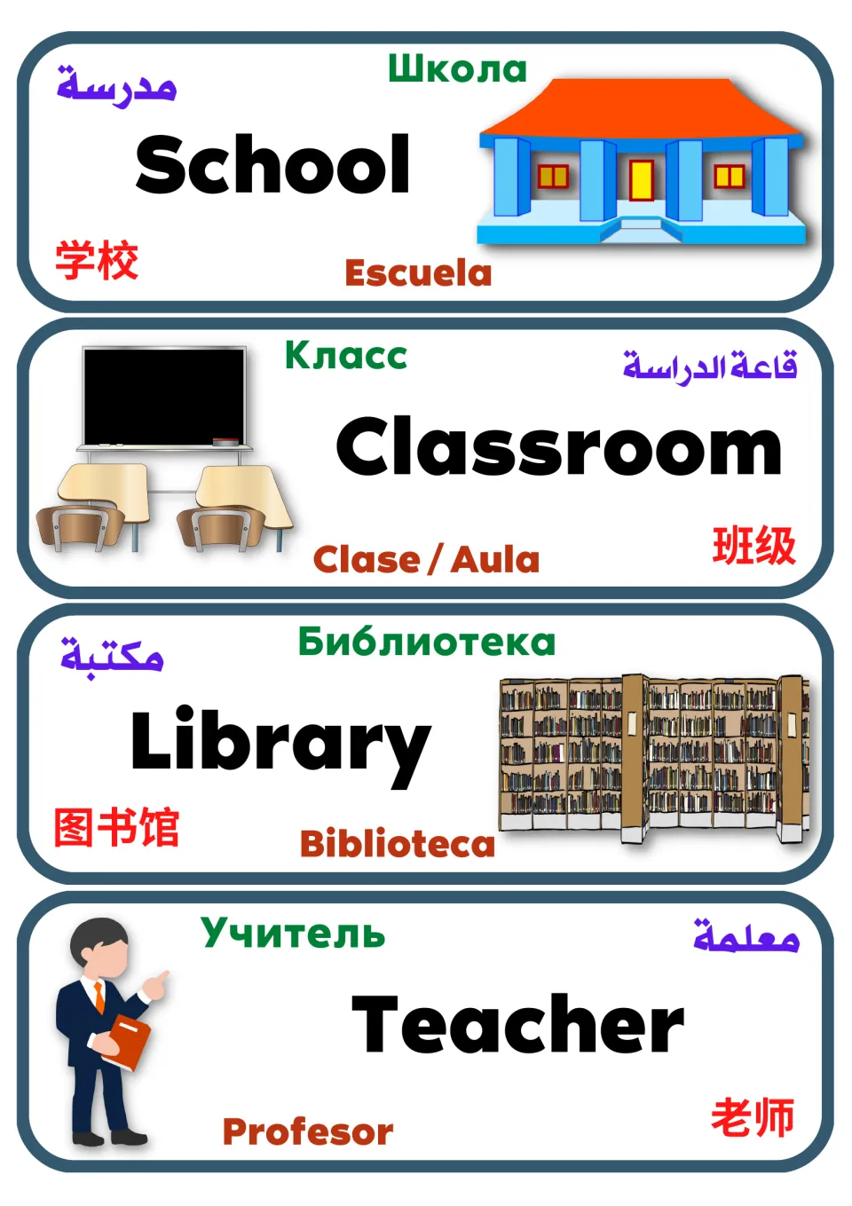 Multilingual vocabulary cards 1–4: school, classroom, library, and teacher, each illustrated and labeled