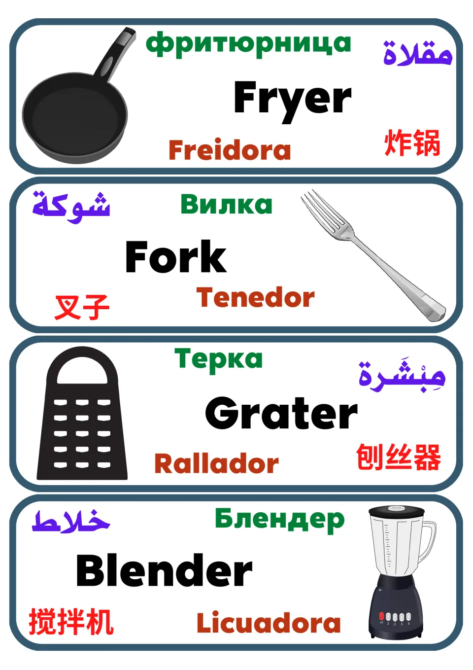 Multilingual kitchen vocabulary cards 5–8: fryer, fork, grater, and blender, with pictures and labels