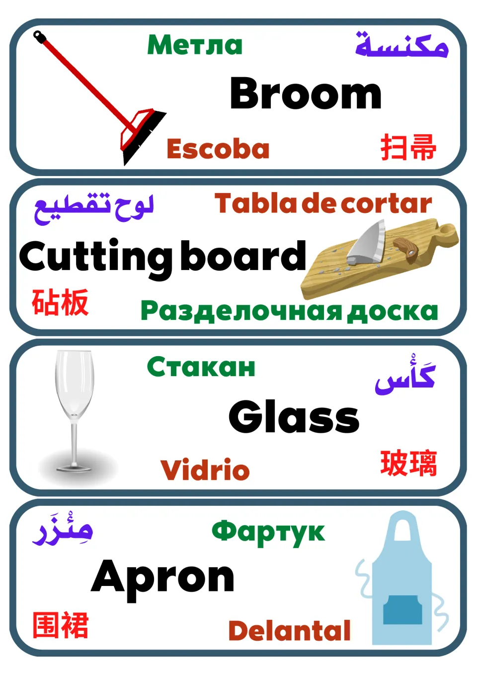 Multilingual kitchen vocabulary cards 13–16: broom, cutting board, glass, and apron, each illustrated