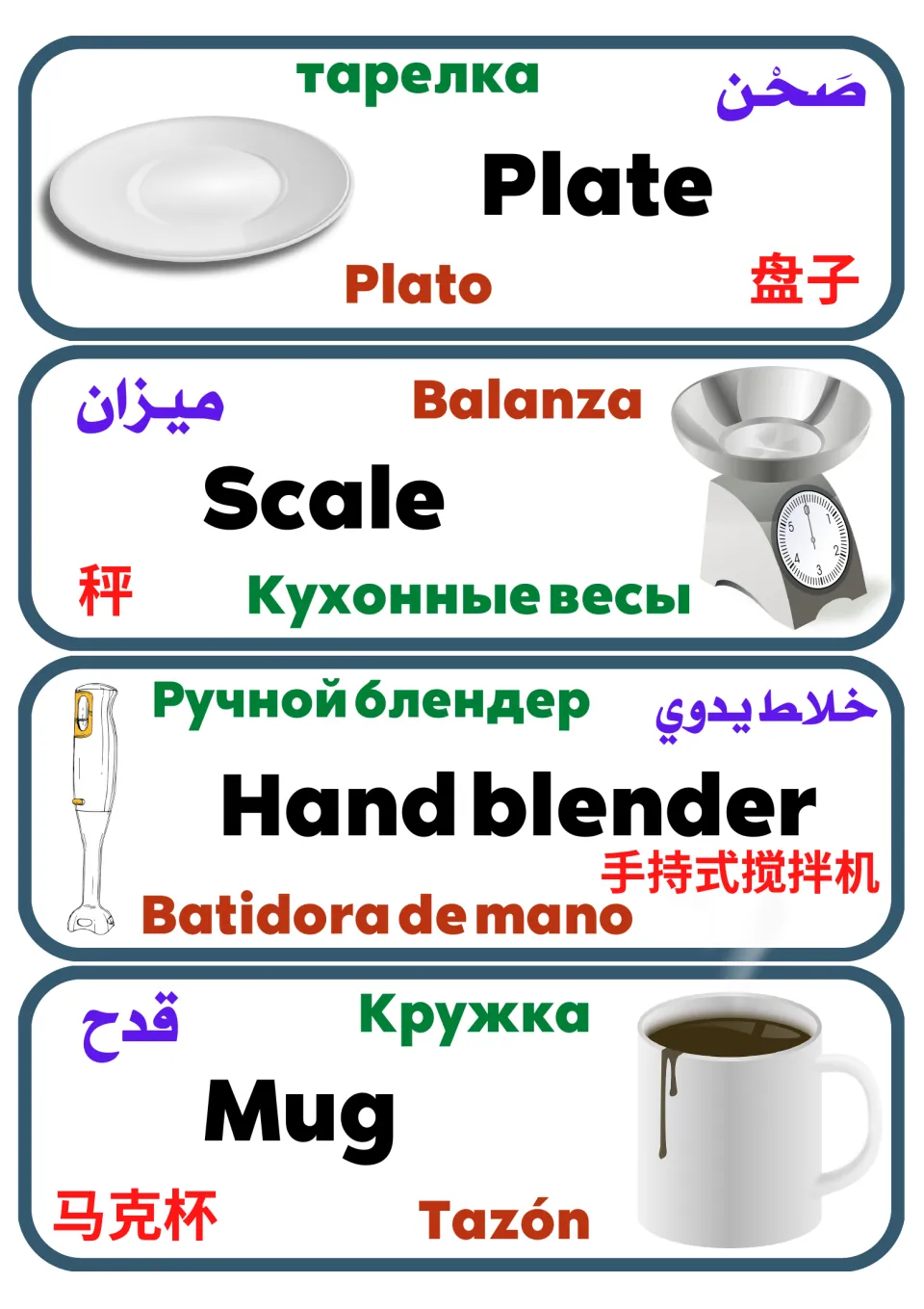Multilingual kitchen vocabulary cards 33–36: plate, scale, hand blender, and mug, with pictures and labels