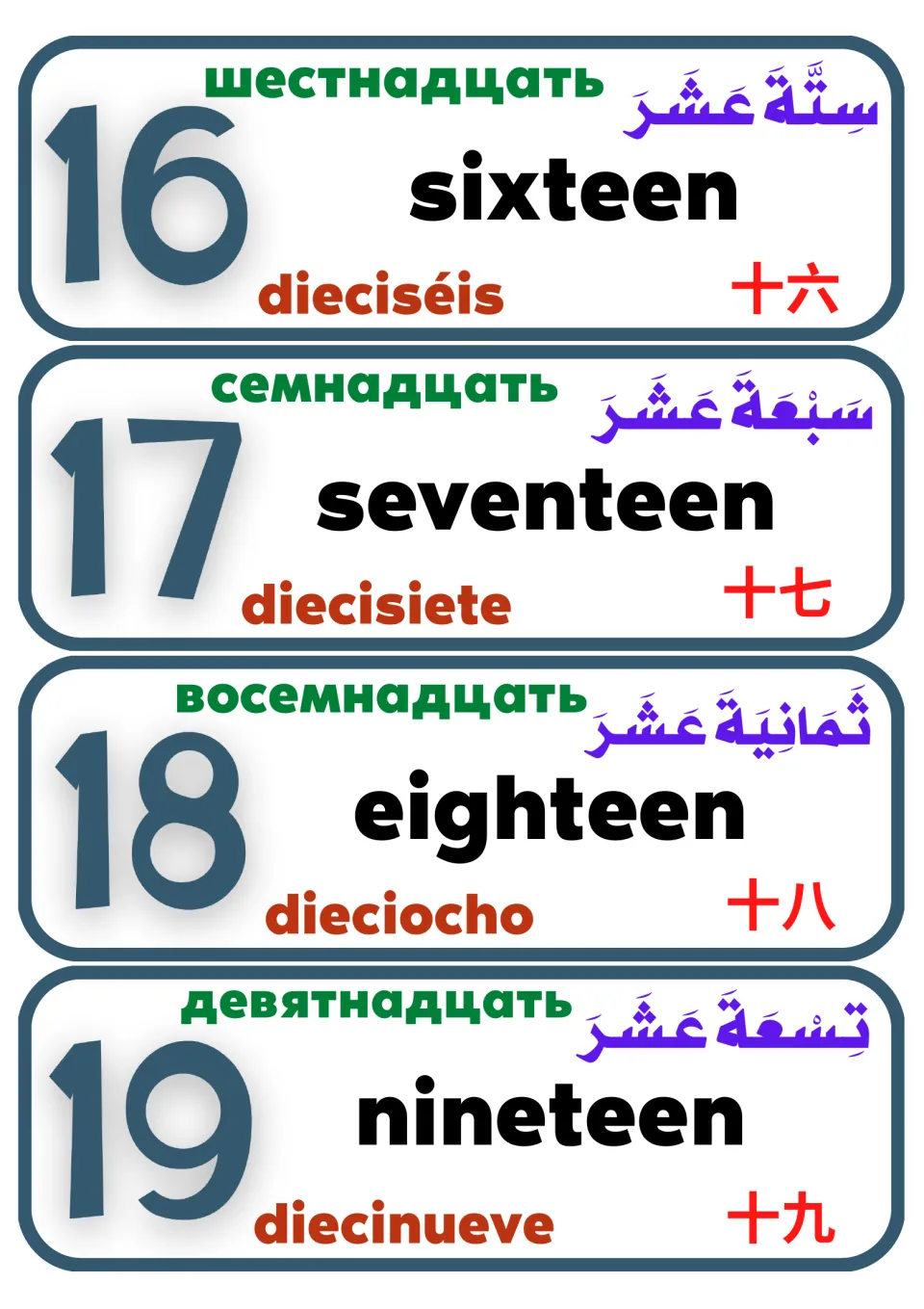 Number flashcards 16–19: sixteen through nineteen in English, Chinese, Arabic, Russian and Spanish