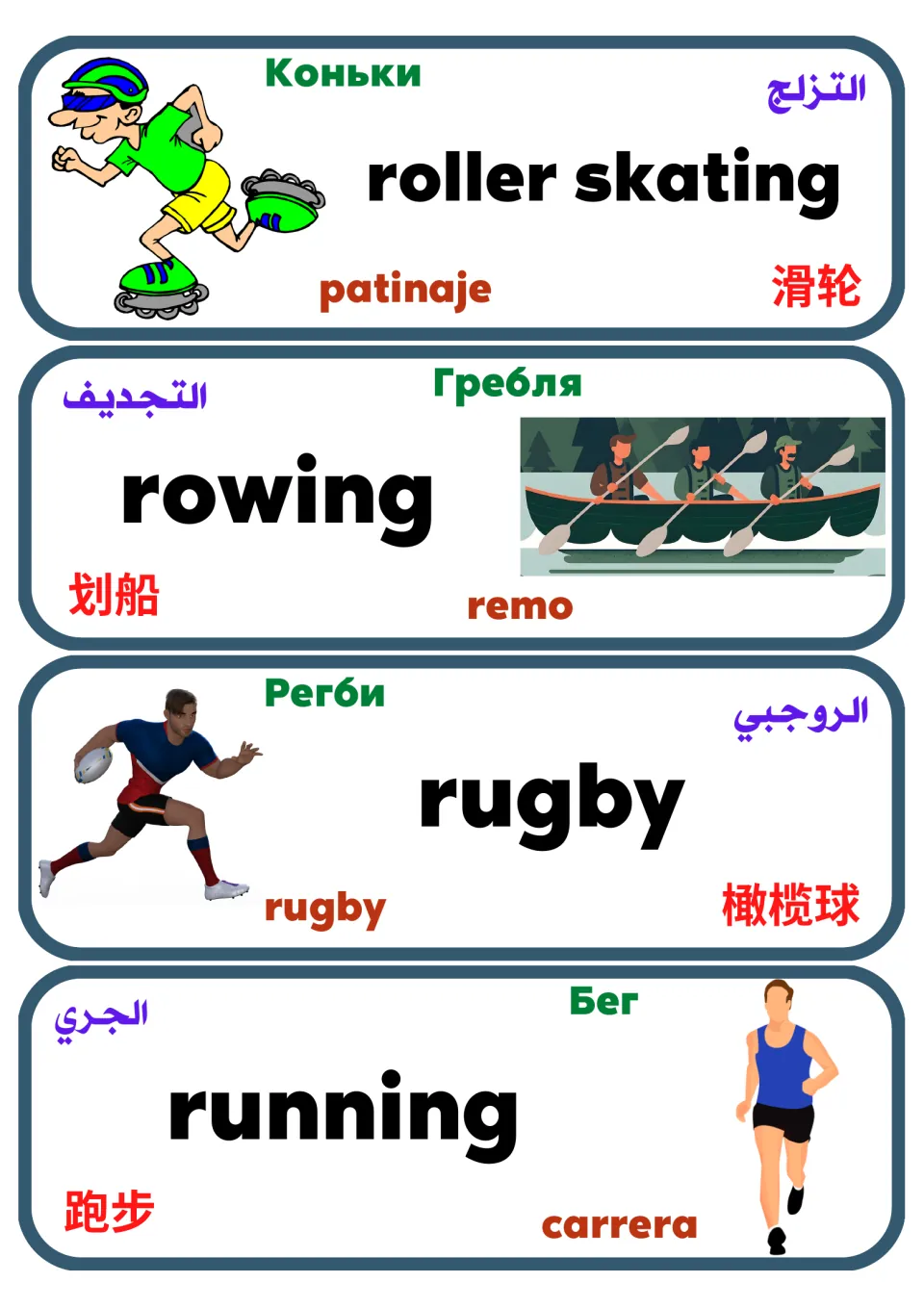 Sports flashcards: roller skating, rowing, rugby and running, with pictures and Spanish, Arabic, Russian, Chinese words