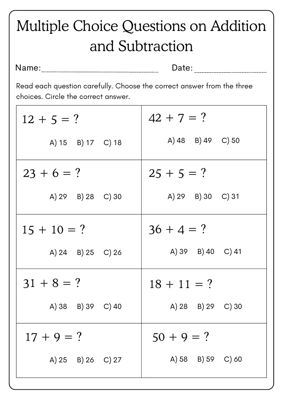Addition multiple choice: students solve 10 sums such as 12 + 5 and 42 + 7 and circle the right answer from A, B or C