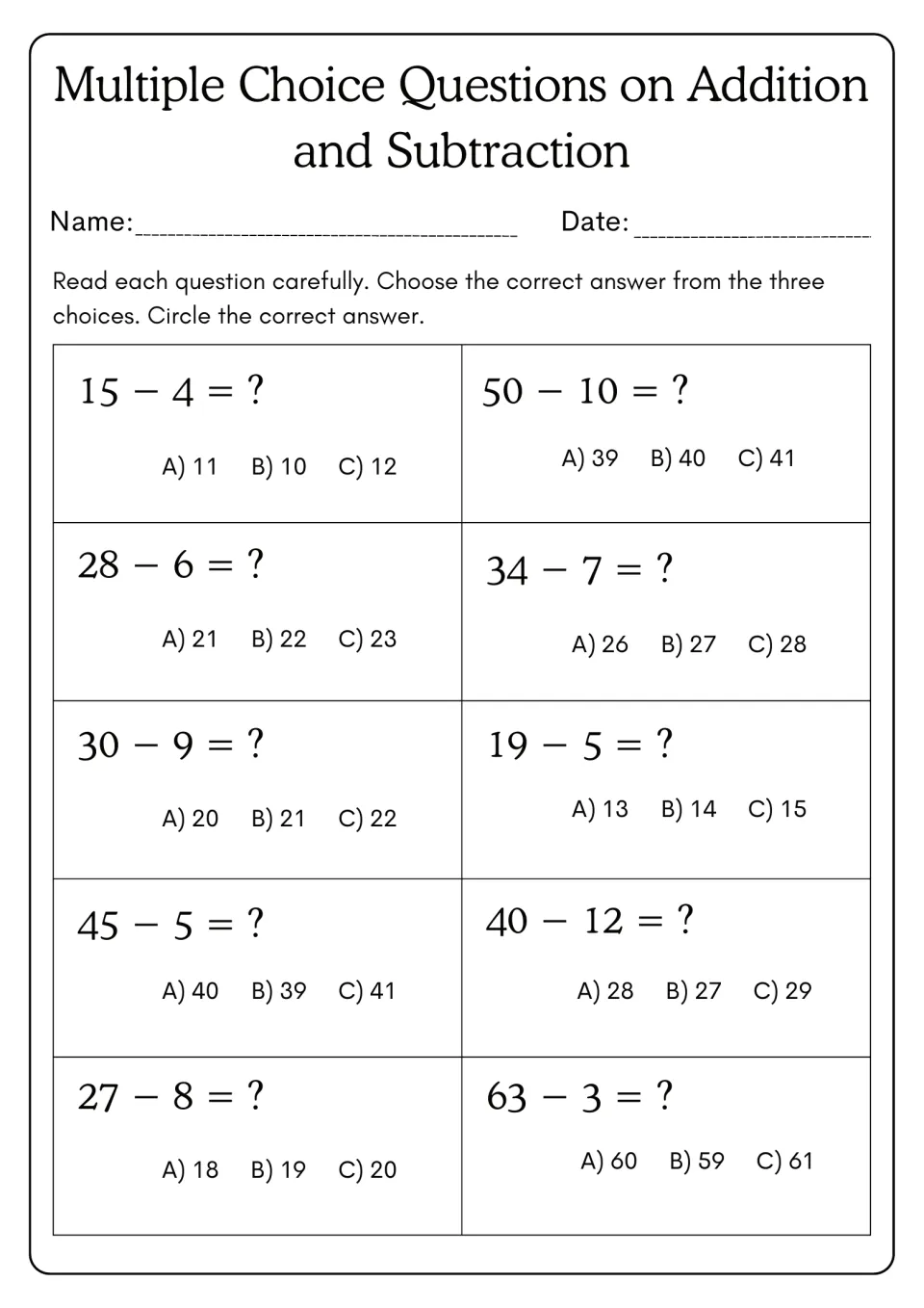 Subtraction multiple choice: students solve 10 differences such as 15 − 4 and 50 − 10, circling answer A, B or C