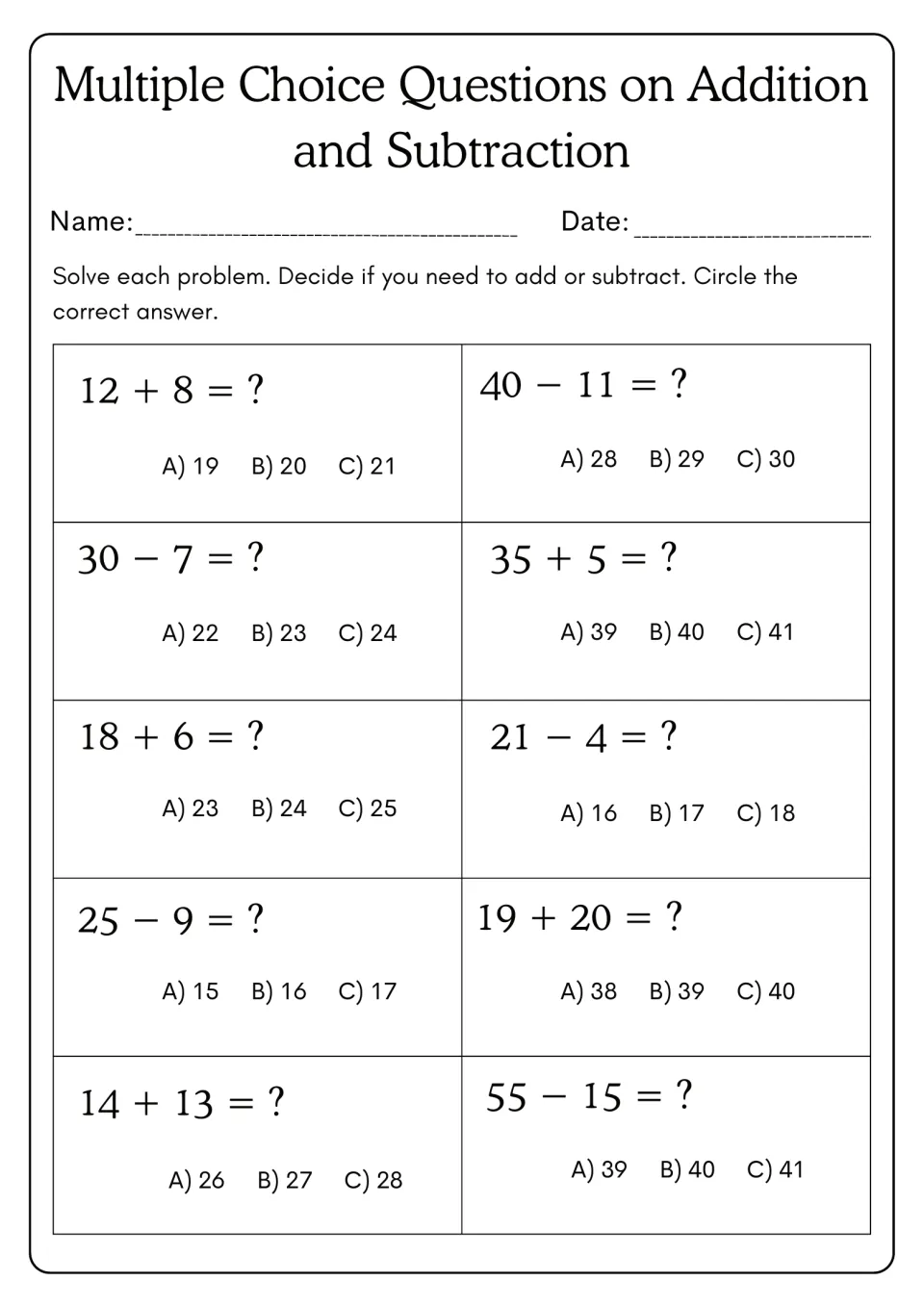 Mixed add and subtract quiz: students decide which operation each of 10 problems like 40 − 11 needs, then circle A, B or C