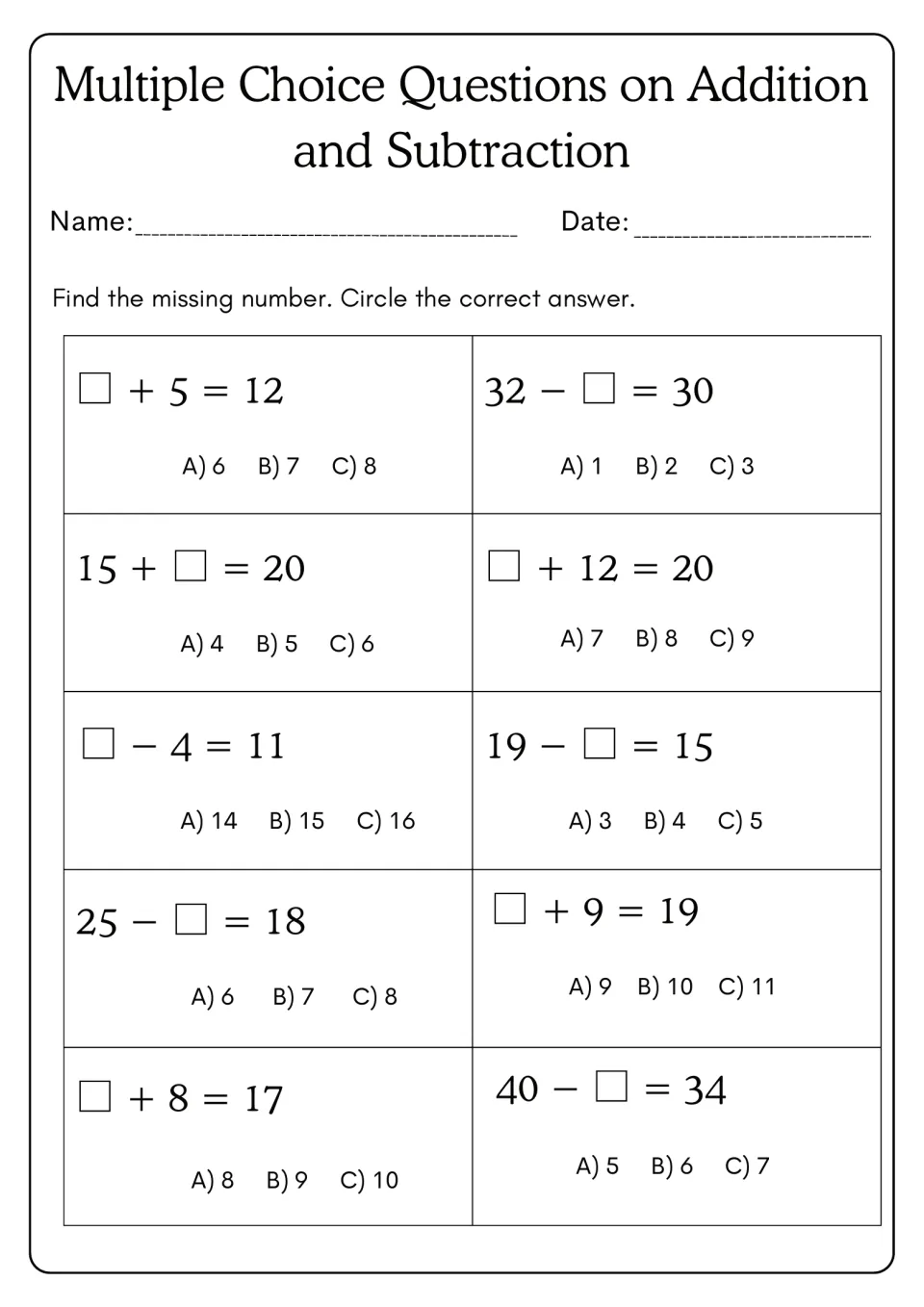 Missing number equations: students find the unknown in 10 problems such as □ + 5 = 12 and 32 − □ = 30, circling A, B or C