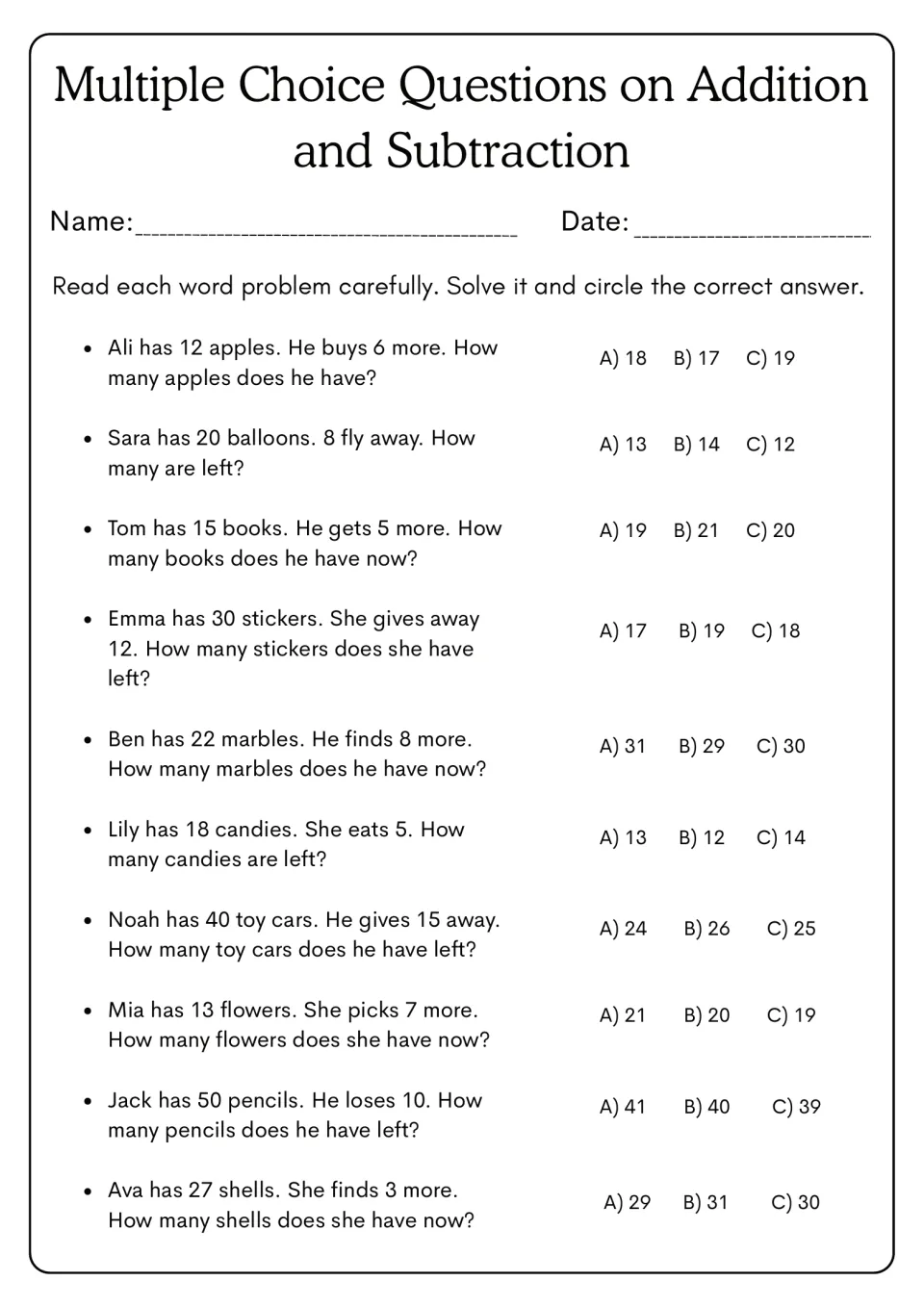Addition and subtraction word problems: students solve 10 short stories, like Ali's 12 apples, and circle answer A, B or C