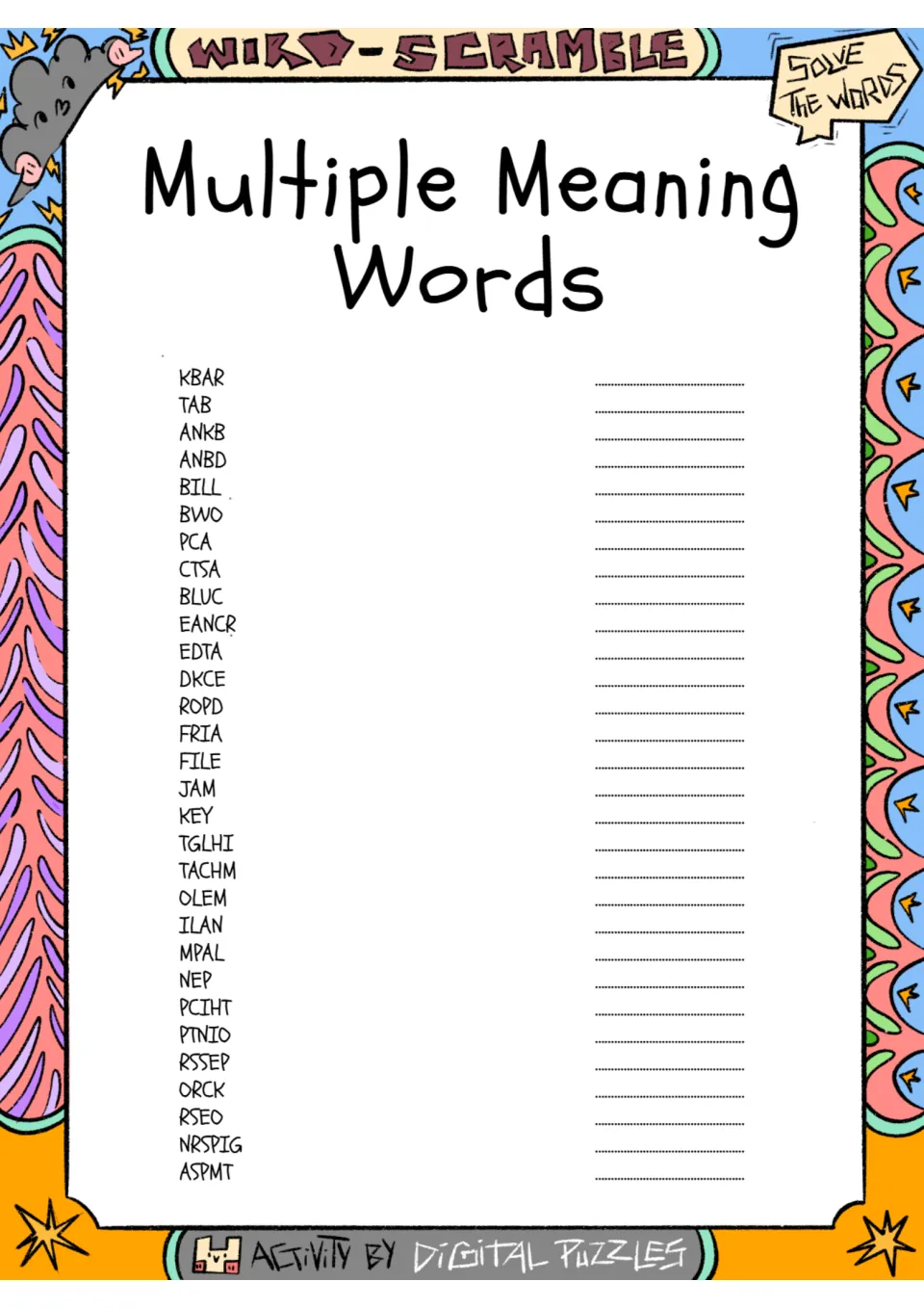 Multiple meaning words scramble: students unscramble 30 words such as KBAR, ANKB and TGLHI, writing each answer