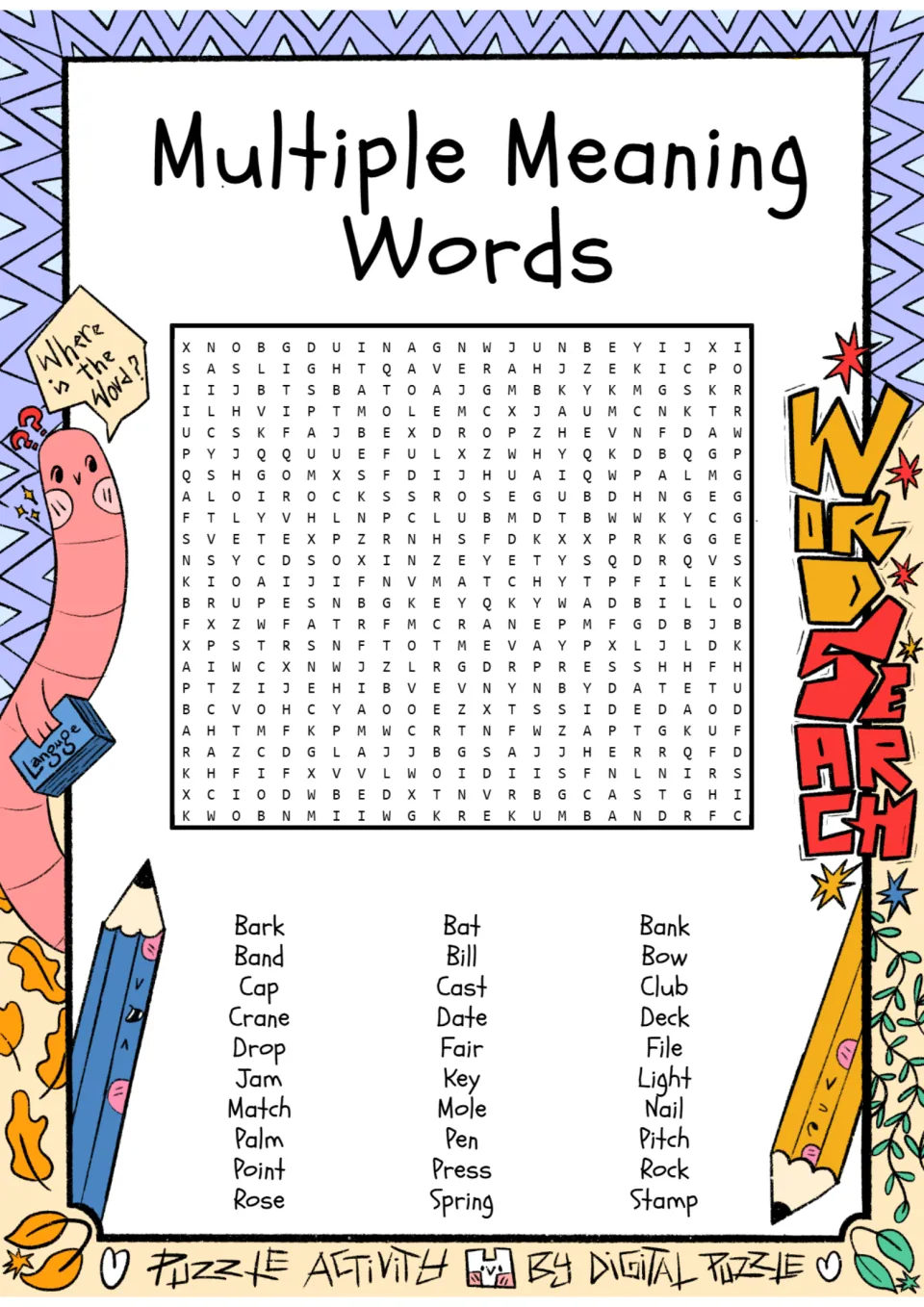 Multiple-meaning word hunt: students find 30 words like bark, bat, bank, crane, pitch and spring hidden in the puzzle