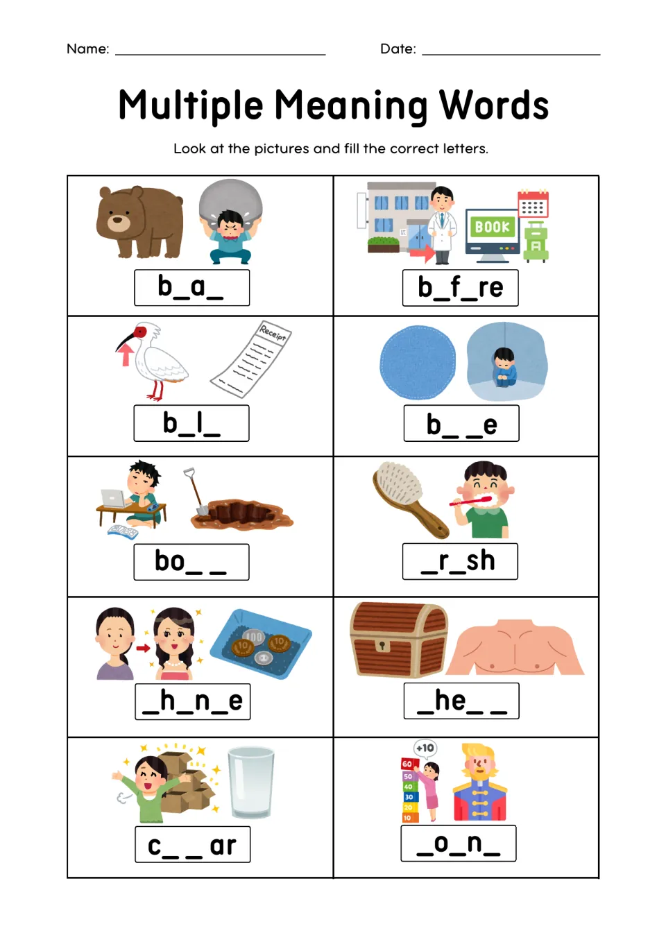 Multiple meaning words: students fill missing letters in b_a_, b_l_, _r_sh and c__ar using two pictures for each word