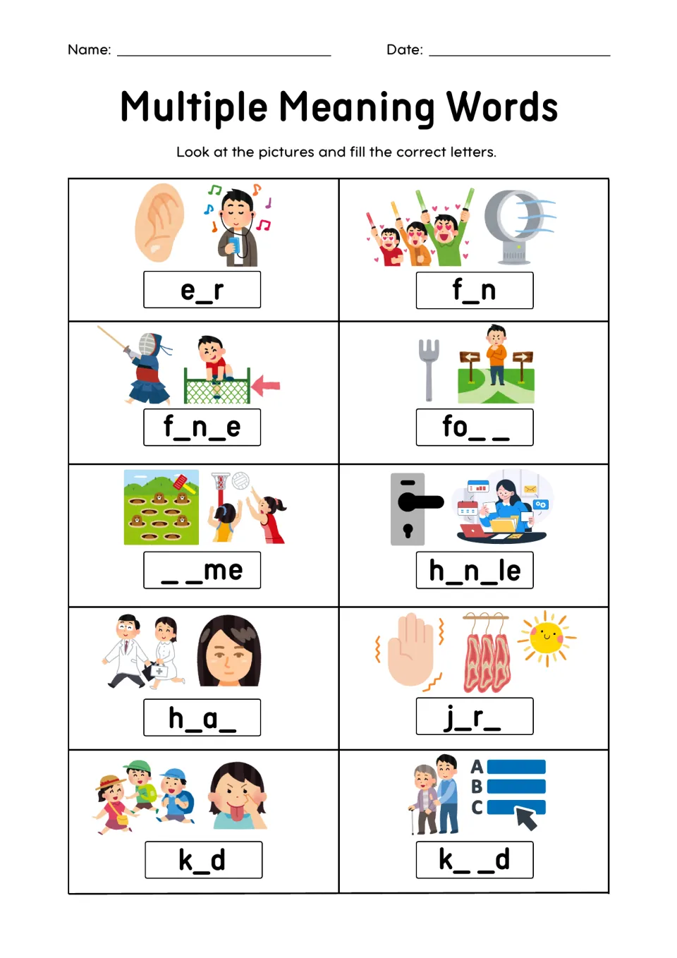 Words with two meanings, e_r to k__d: students study picture pairs such as an ear and a fan, then fill in missing letters