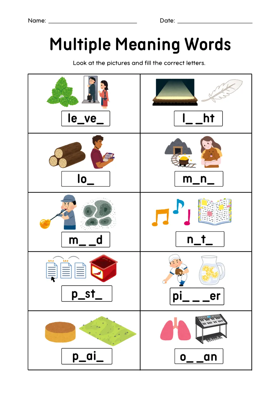 Homographs le_ve_ to o__an: students use paired pictures like logs, a lemonade pitcher and lungs to complete each word