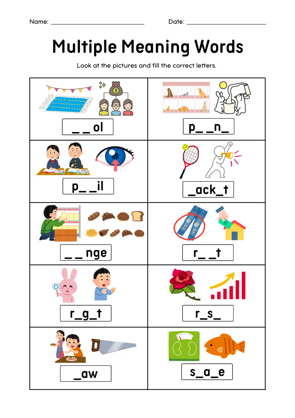 Two-meaning words __ol to s_a_e: students read picture clues like a pool, a tennis racket and a saw to add missing letters