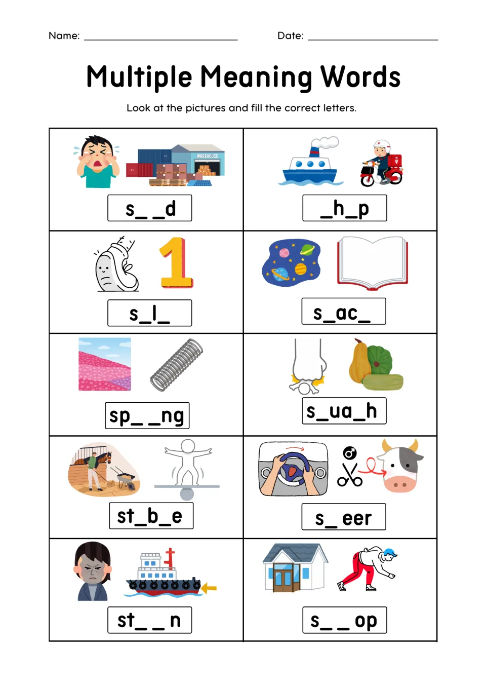 S-words with two meanings: students match picture pairs such as a ship, a spring coil and a steering wheel to fill letters