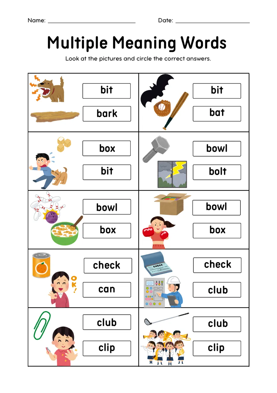 Multiple meaning words: students circle the one word that fits both pictures, such as bark, bat, bowl and box