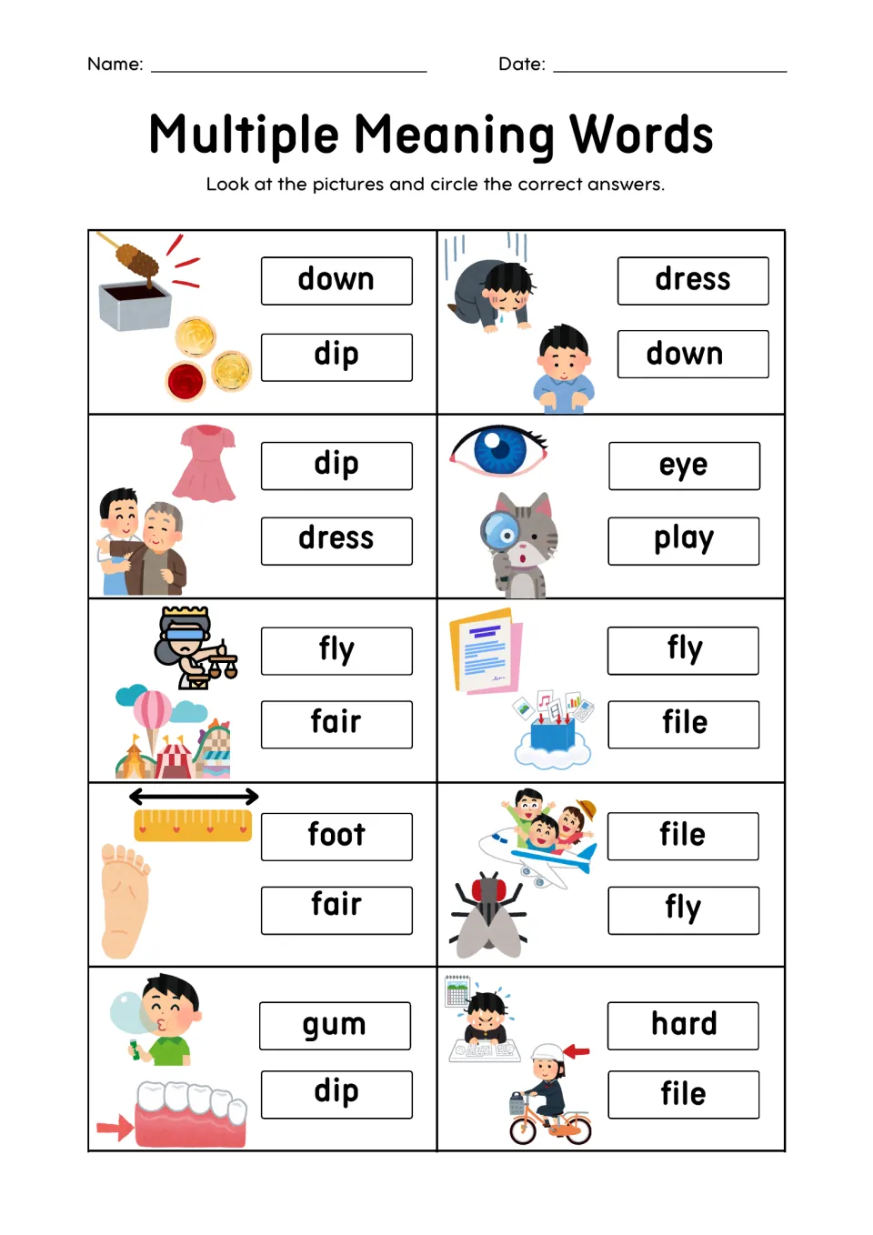 Picture pairs for words with two meanings: students circle the word that fits both, such as dip, dress, file and fly