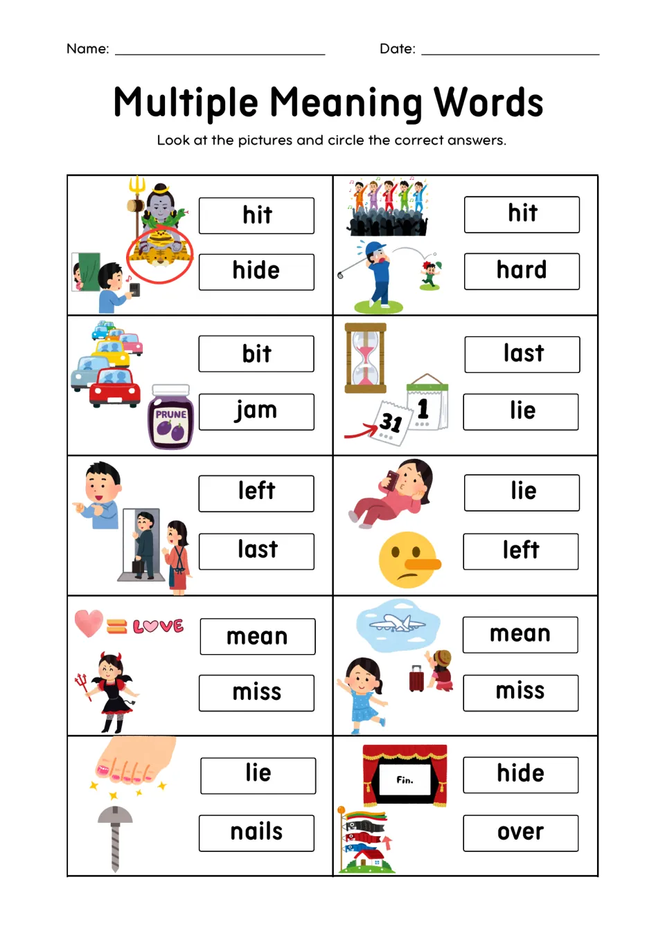 Two-meaning word pictures: students circle the word shared by both images, such as hit, jam, lie, left, mean and miss