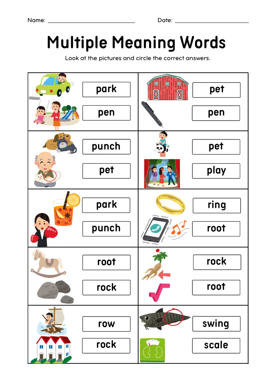 Homonym picture match: students circle the word both pictures show, such as park, pen, punch, ring, root, rock and scale