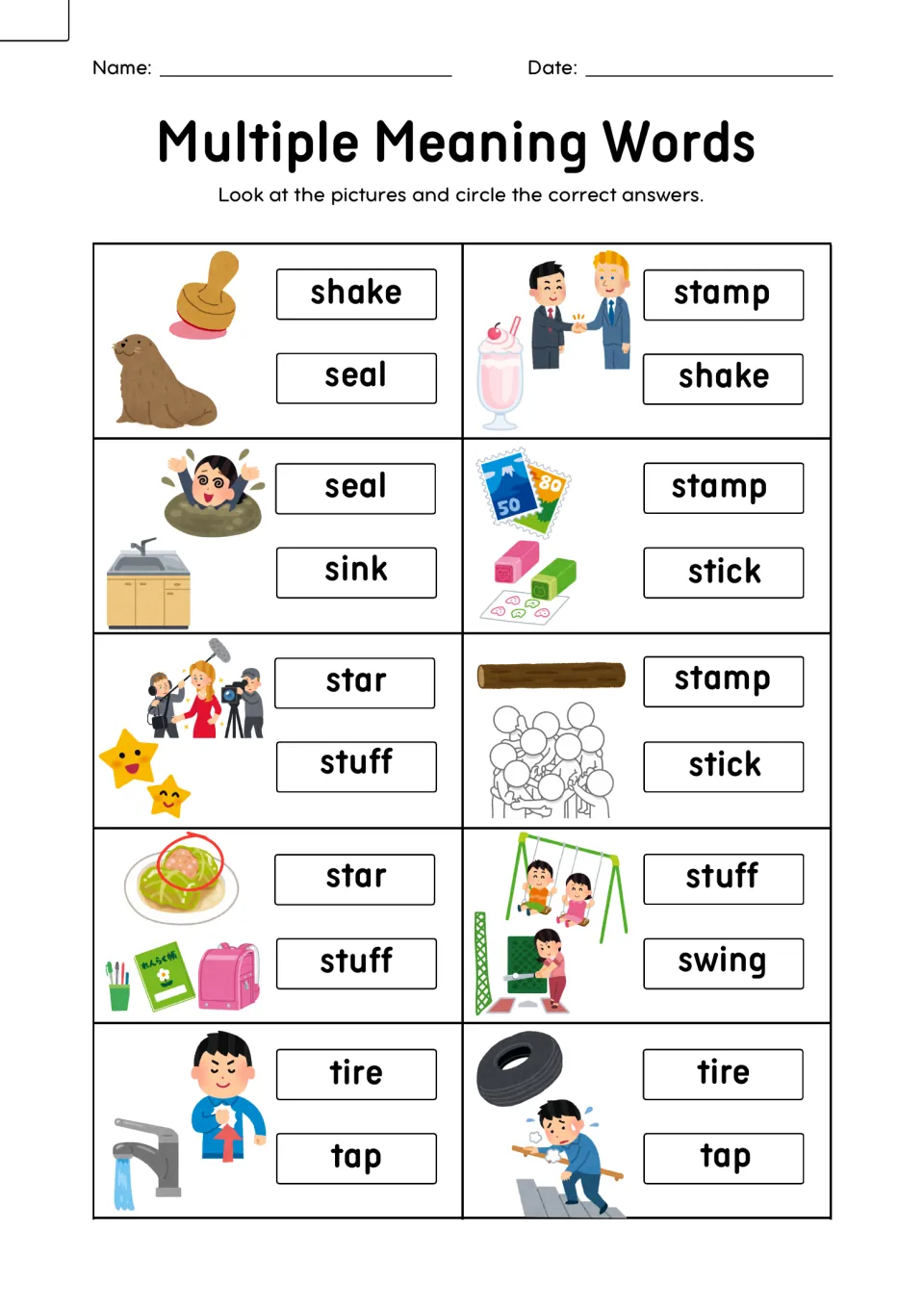 Words with two meanings: students circle the word that names both pictures, such as seal, shake, stamp, stick and tire
