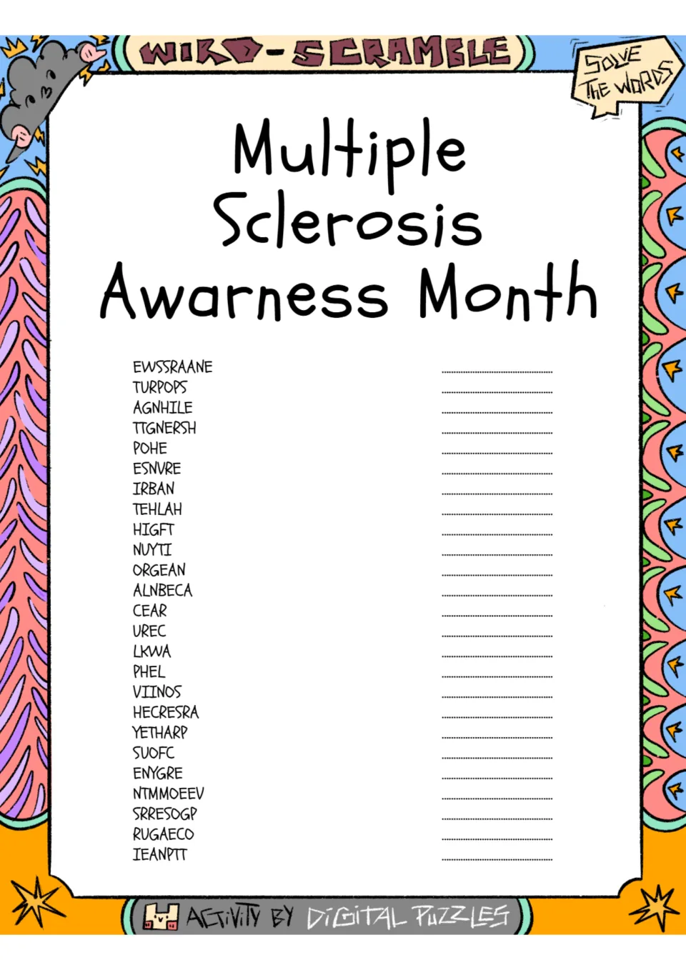 MS Awareness Month word scramble with 25 terms to solve, including scrambles for hope, nerves, and courage.