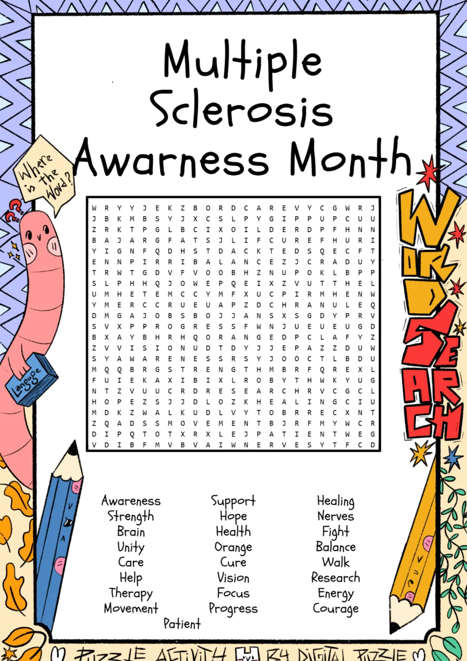 Multiple sclerosis awareness word search with 25 words to find, including therapy, balance, research, and nerves