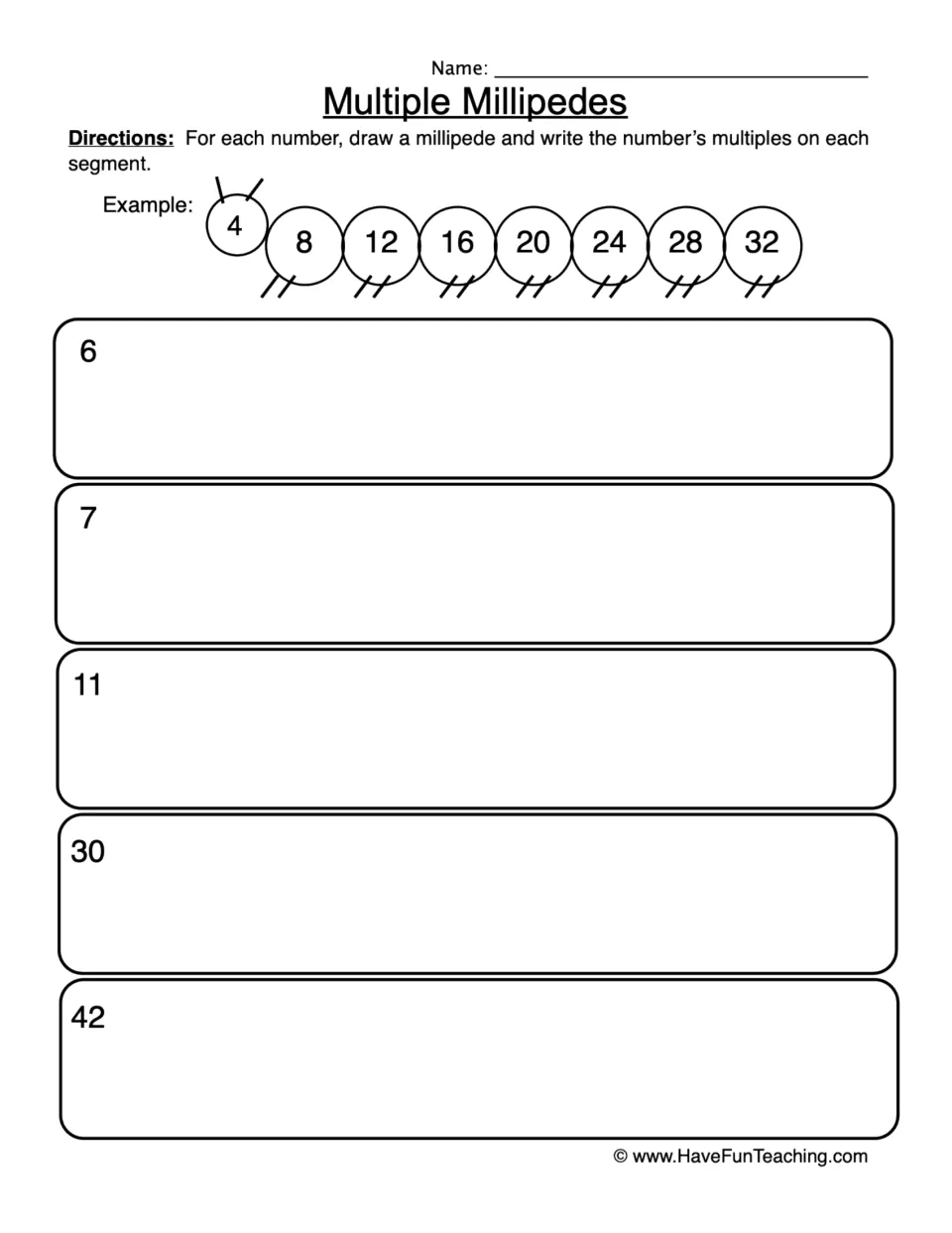 Multiples practice worksheet: draw millipedes and label segments with multiples of 6, 7, 11, 30, and 42.
