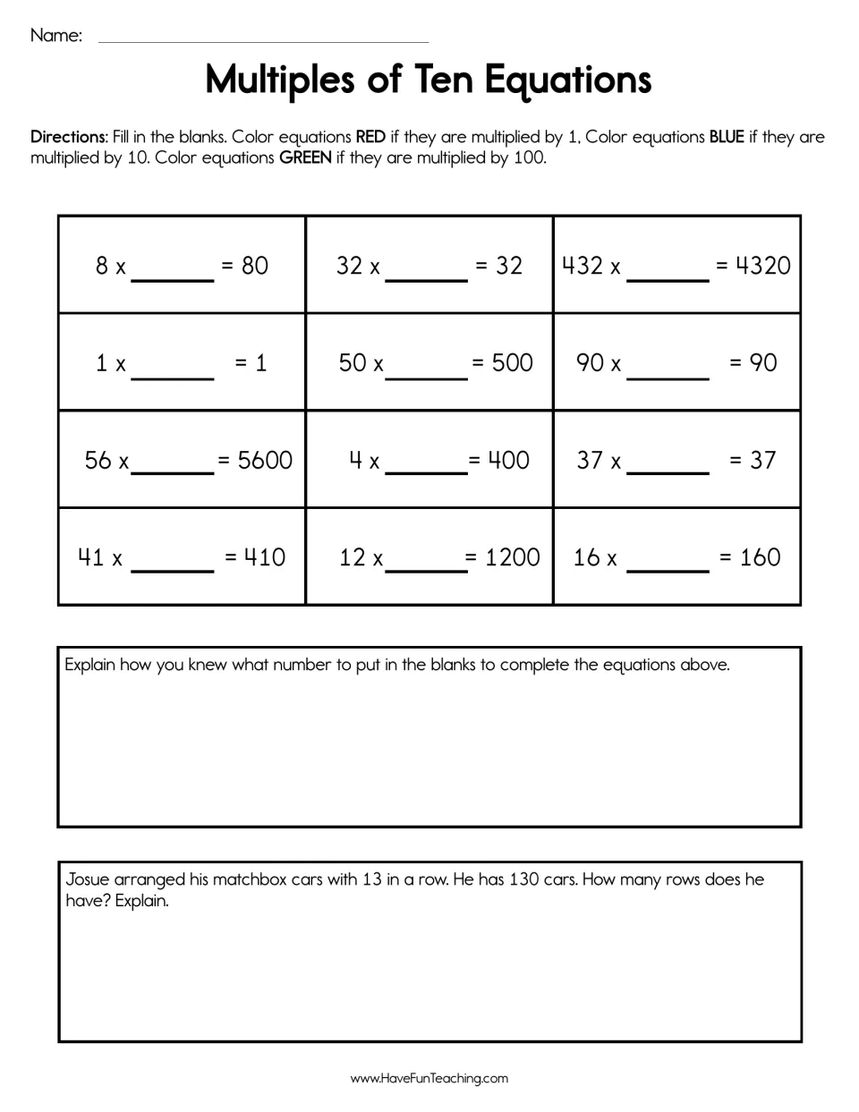 Multiplication practice: 12 missing factors of 1, 10, or 100, color directions, and a 130-car word problem.