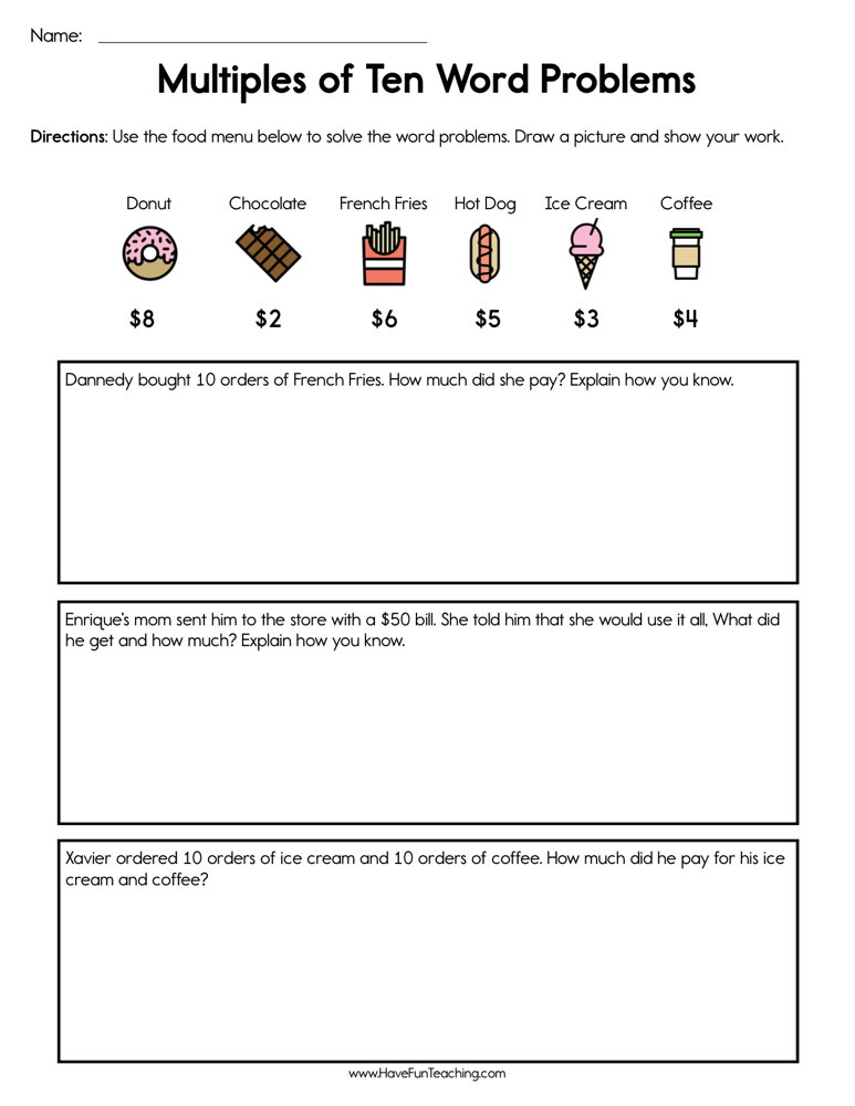 Multiples of Ten Word Problems Worksheet by Teach Simple