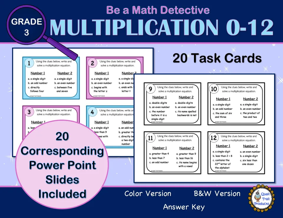 Be a Math Detective Multiplication 0-12 cover: 20 clue task cards, 20 matching PowerPoint slides, color, B&W and answer key