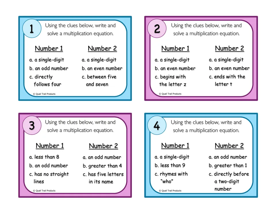Multiplication clue cards 1-4: students use three clues to find each factor, such as 'directly follows four', then multiply