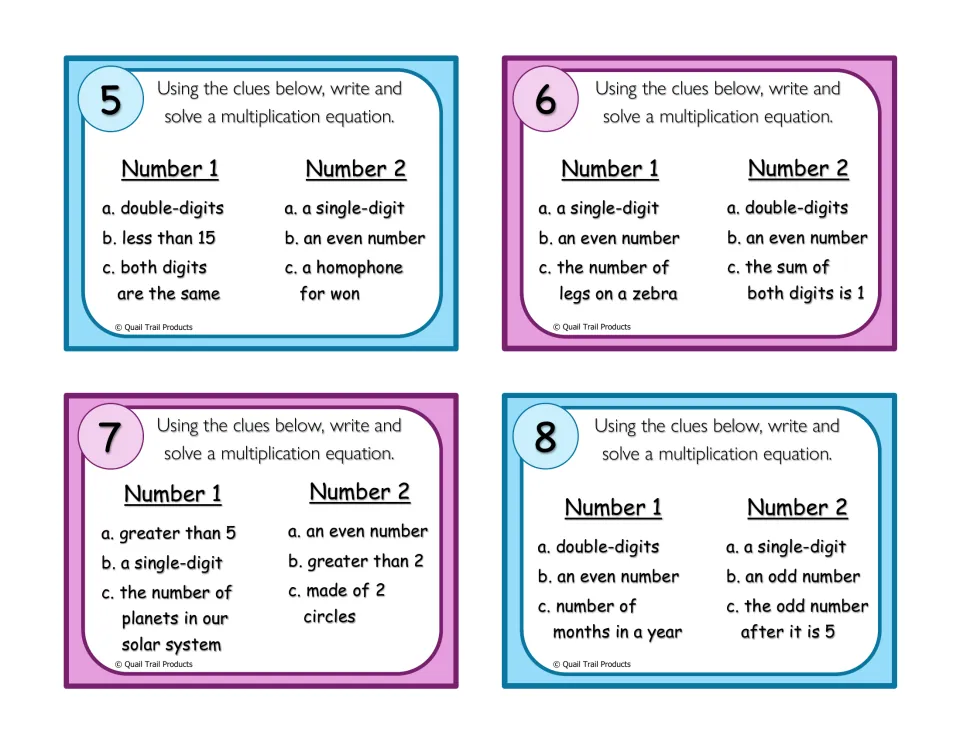 Clue cards 5-8: students find two factors from riddles like legs on a zebra or planets in our solar system, then multiply
