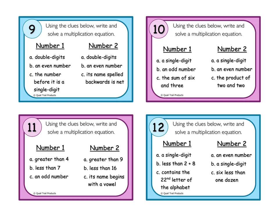 Clue cards 9-12: students decode factors from clues such as 'the sum of six and three' or 'six less than one dozen'