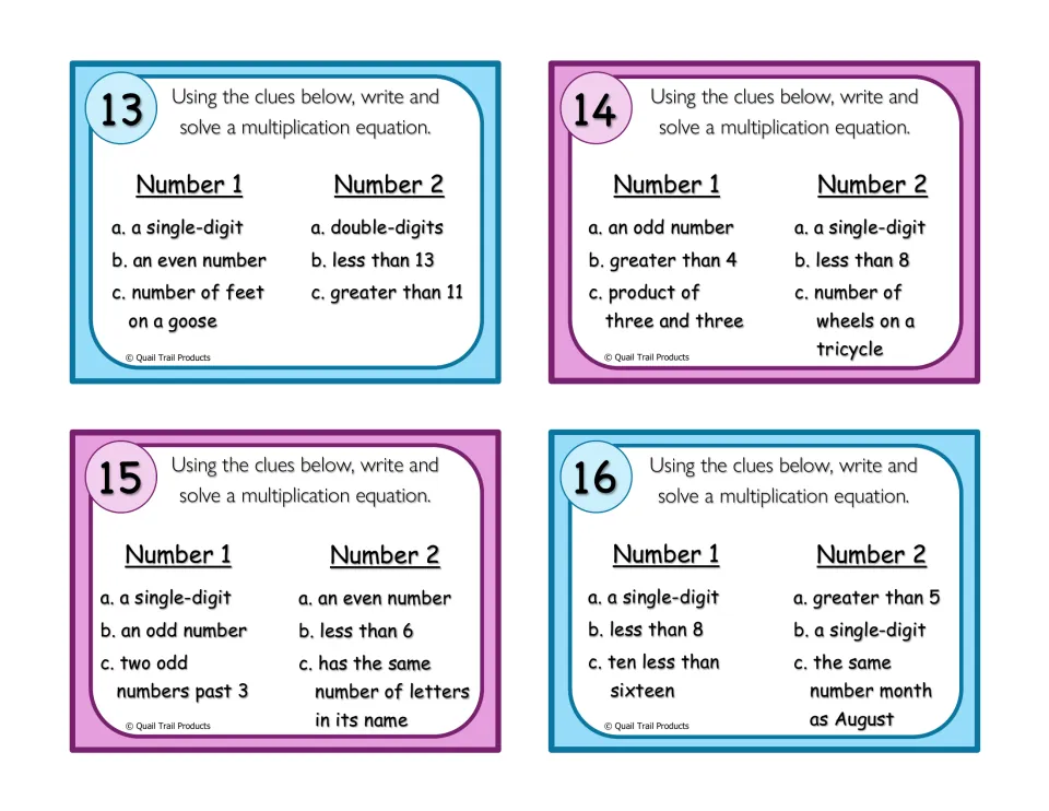 Clue cards 13-16: students identify factors from clues like feet on a goose or wheels on a tricycle, then write the product