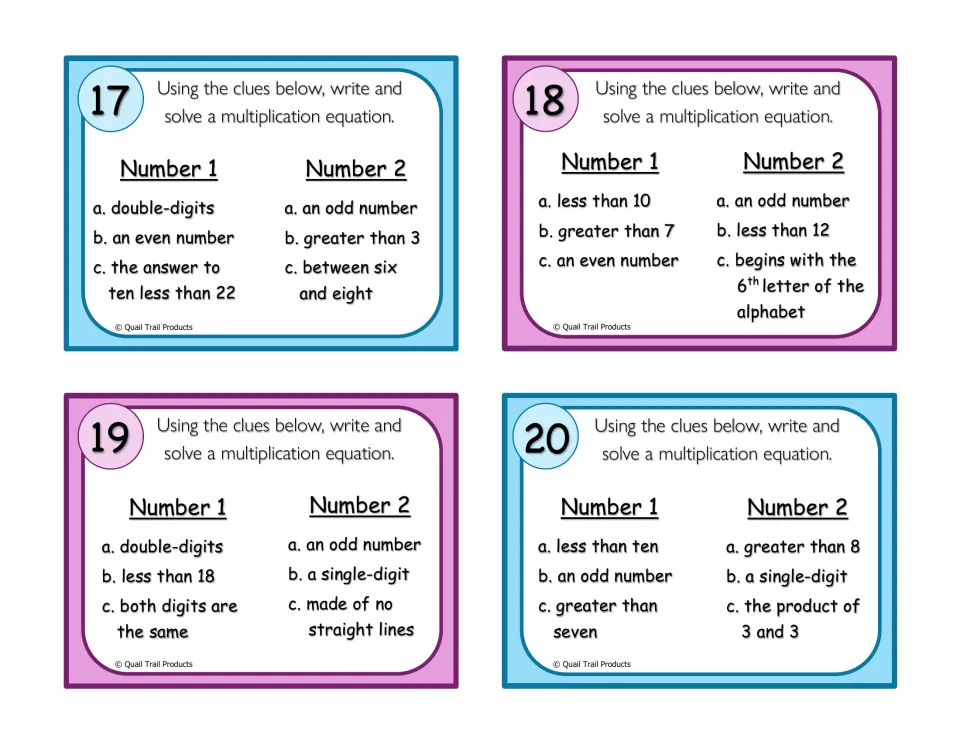 Clue cards 17-20: students use odd/even, digit and word clues like 'ten less than 22' to find factors and multiply