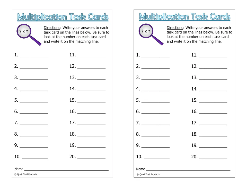 Multiplication Task Cards recording sheet: students record answers to cards 1-20 by matching card number; two per page