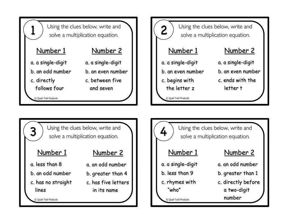 B&W clue cards 1-4: students solve number riddles like 'rhymes with who' to find two factors and multiply