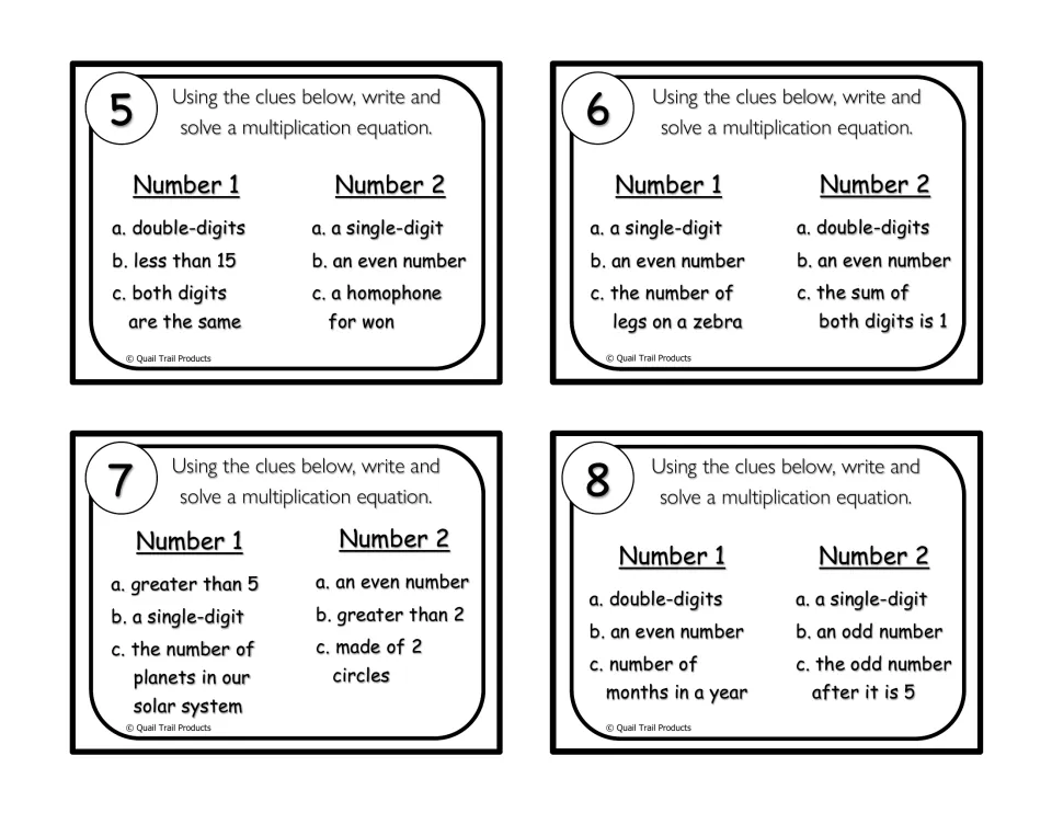 B&W clue cards 5-8: students find factors from clues like months in a year or 'made of 2 circles', then multiply