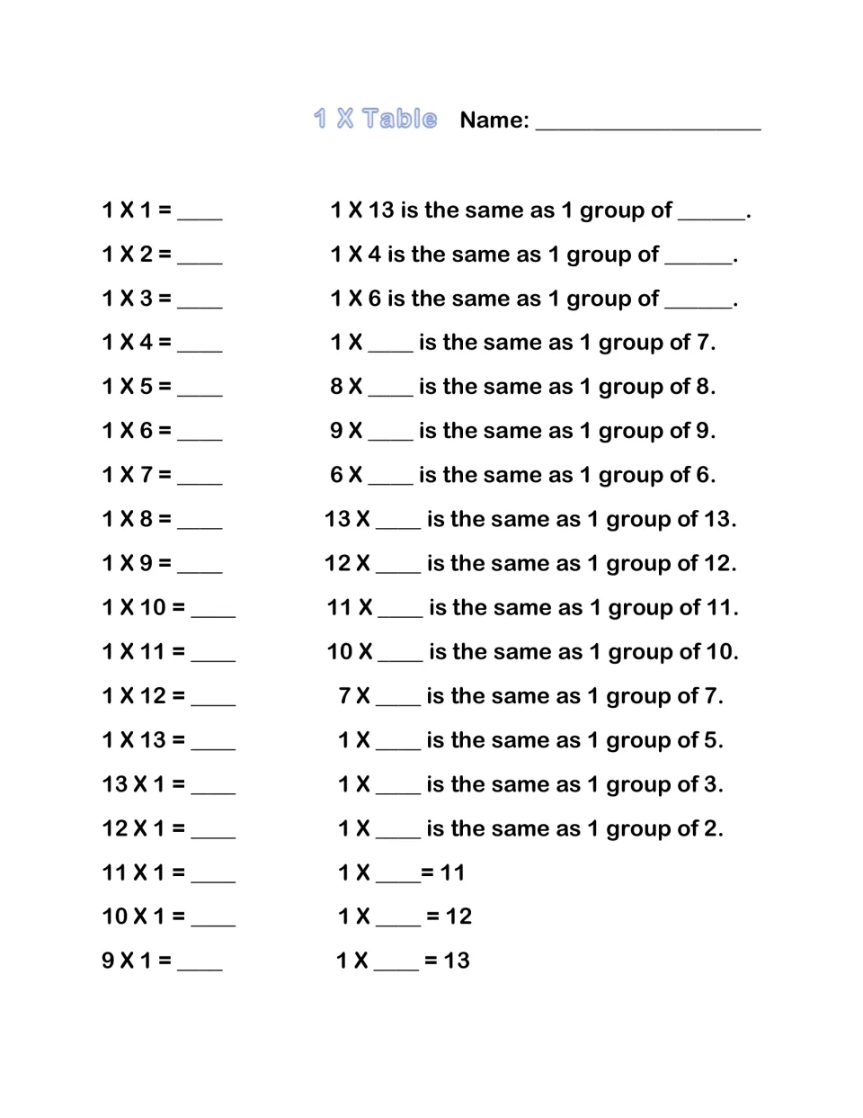 1 X Table: students solve 1 x 1 to 1 x 13 and fill in 'is the same as 1 group of' blanks to show multiplying by one