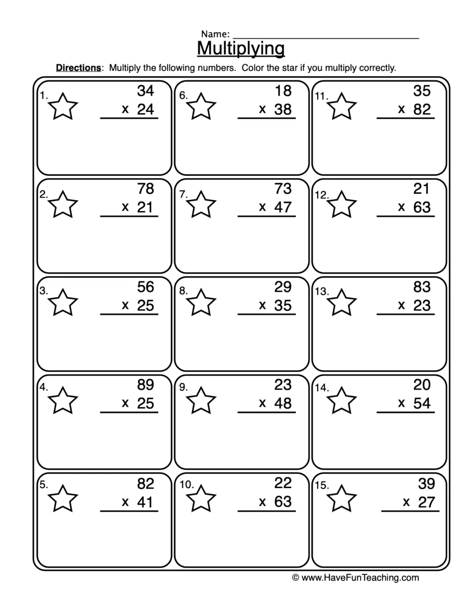 Multiplication practice sheet with 15 two-digit problems, including 34 × 24, 78 × 21, and 35 × 82.