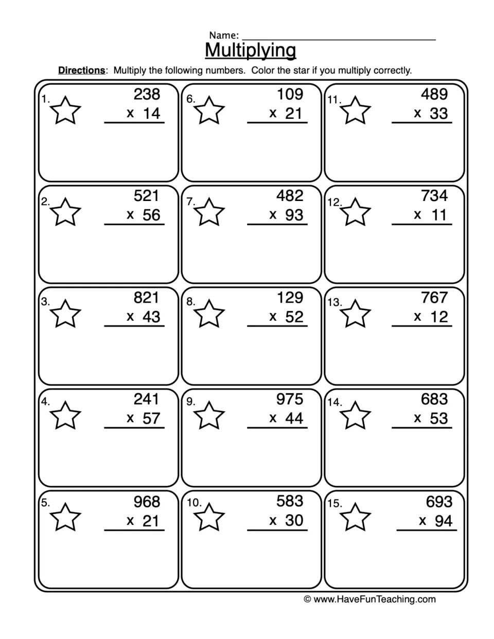 Multiplying: students solve 15 problems multiplying 3-digit by 2-digit numbers, like 238 x 14, and color a star if correct