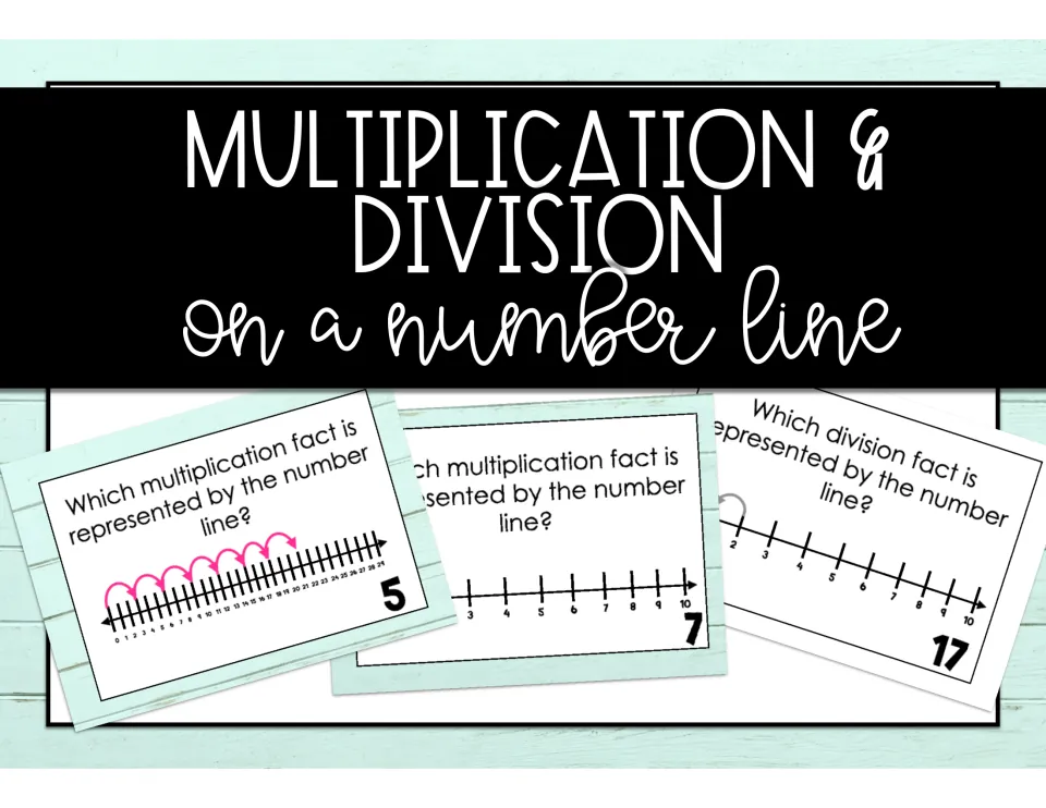 Multiplication & Division on a Number Line cover showing sample task cards that ask which fact a number line shows