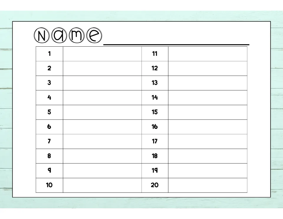 Recording sheet with a name line and numbered spaces 1-20 where students write the fact for each task card