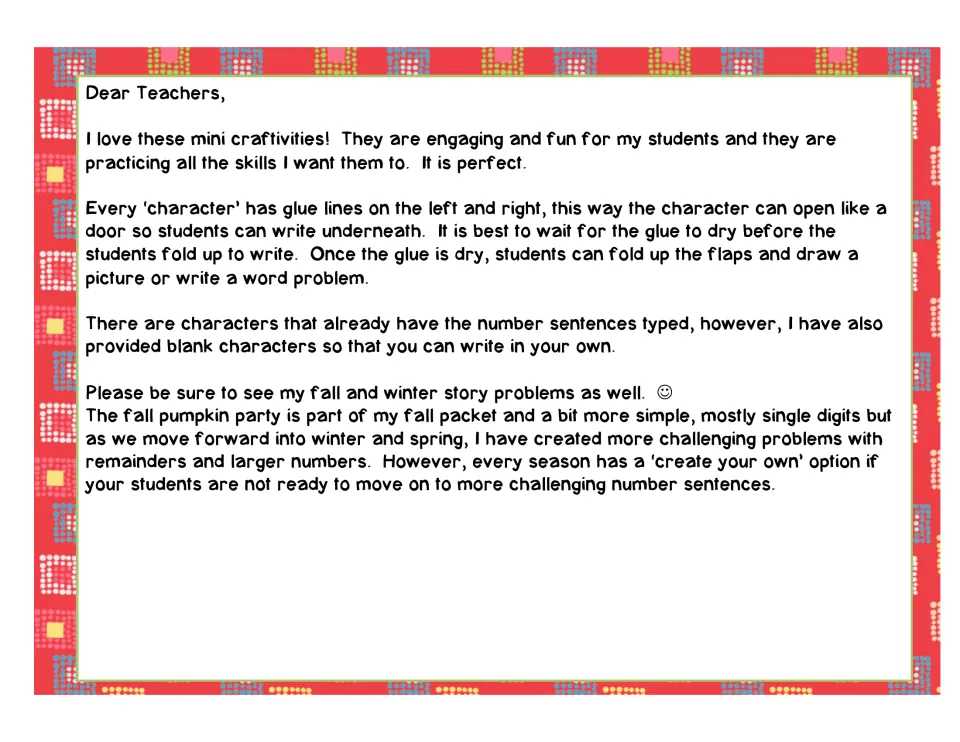 Dear Teachers note explaining how the glued character flaps open so students write a word problem or draw underneath